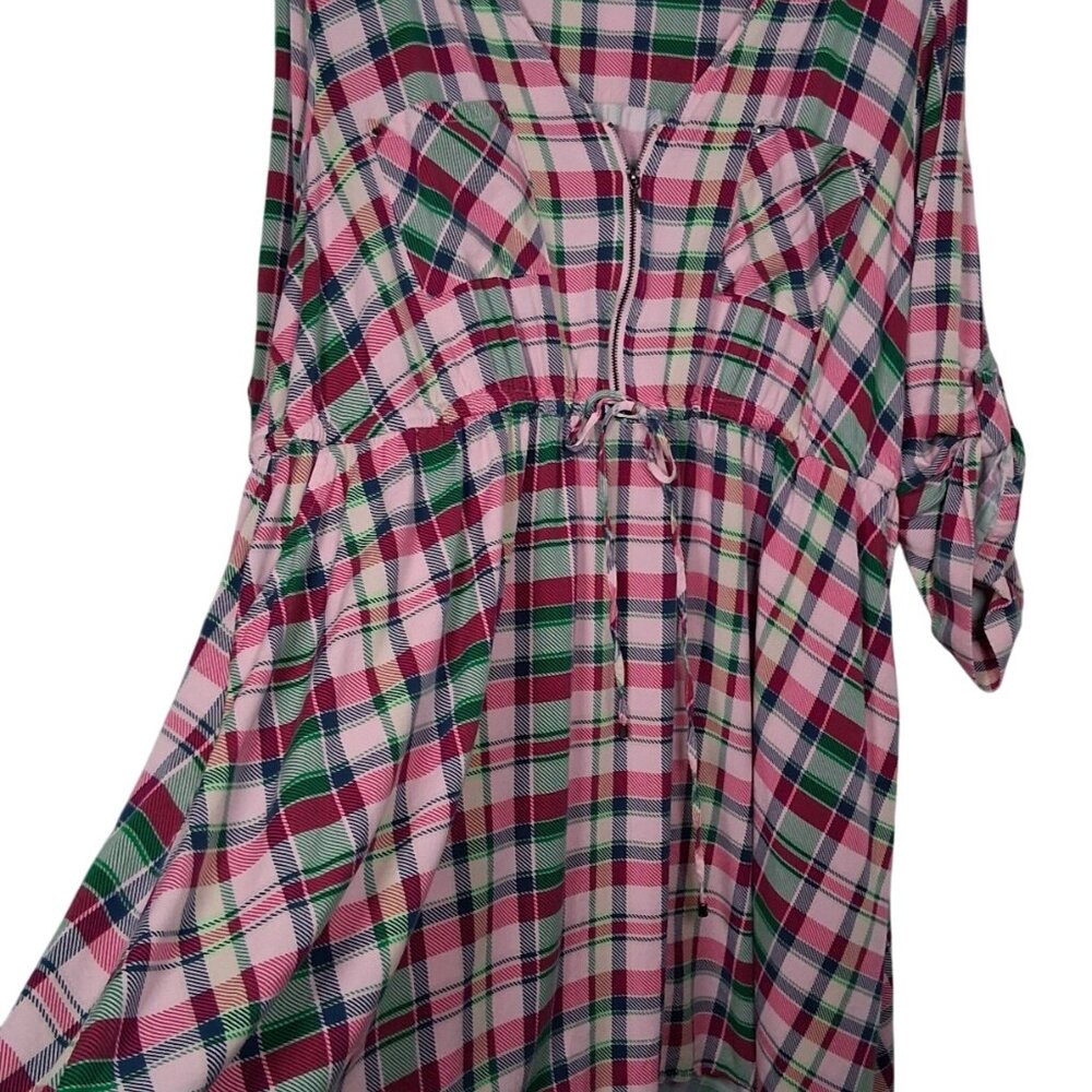 Torrid Dress Size 3 Plus Size 3X Pink Green Blue Pliad Roll Sleeve Midi Zip - Picture 3 of 16